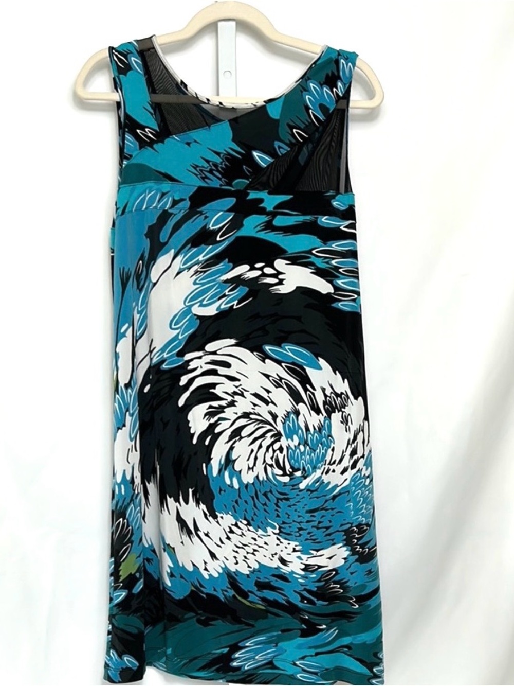Nicole Miller Women’s Size Large Abstract Teal and Black Sleeveless Sheer Dress